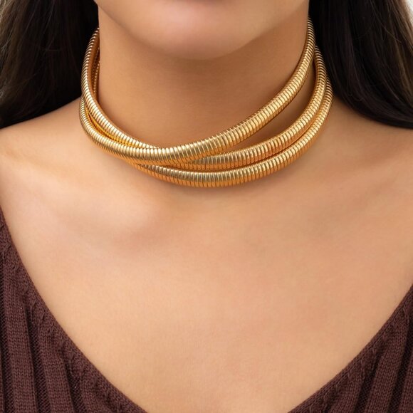 Women 3 Layer/14k Gold Snake Chain Statement Necklace Triple Layered - Picture 2 of 6